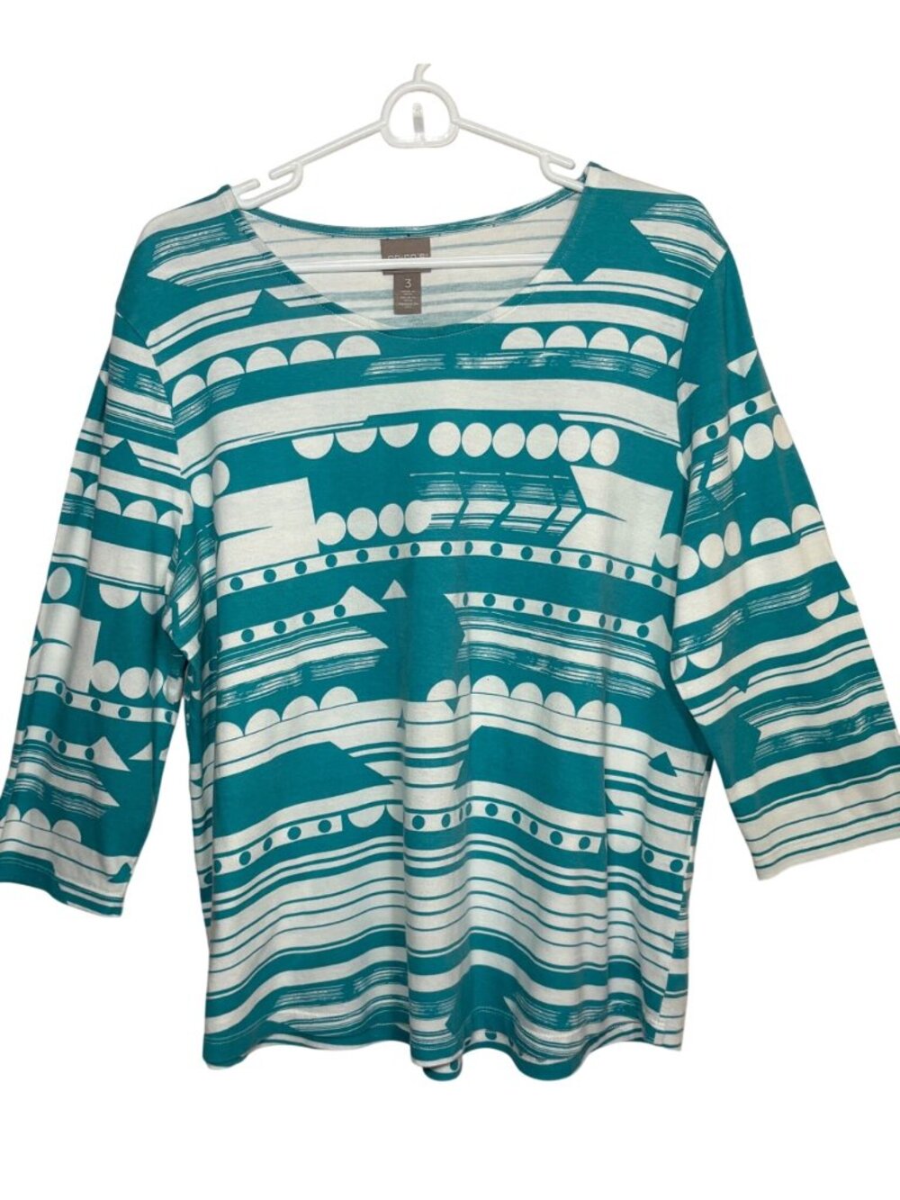 Chicos Womens Teal/White Geometric Print 3/4 Sleeve Top Size 3 (16) Modal Blend